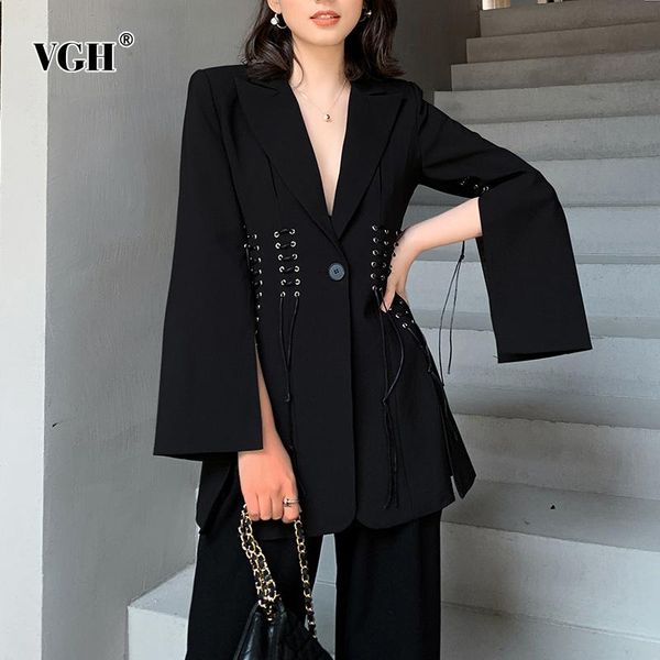 

vgh black patchwork blazer for women notched long sleeve tunic split casual blazers female fashion new clothing 2021 spring, White;black