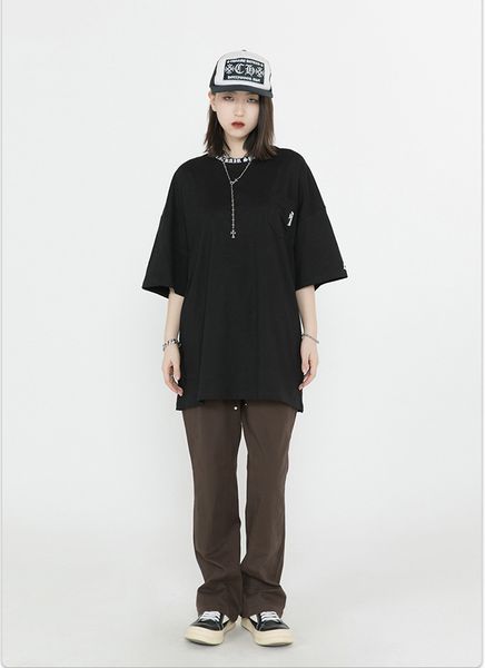 

red niche high street tide brand guochao street ins gothic cross oversize short sleeve round neck t-shirt, White;black