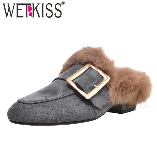 

wetkiss fashion casual women slippers square toe footwear slides fur shoes woman kid suede female mules shoes woman 210630, Black