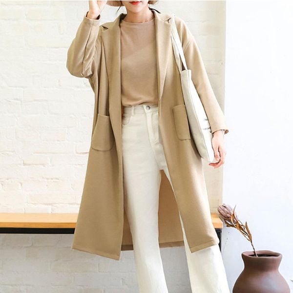 

women's trench coats [ewq] autumn 2021 simple ladies mid-length windbreaker turn-down collar fashion wide plus size black coat qb212, Tan;black