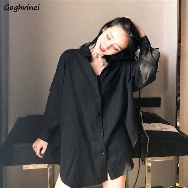 

women blouses chiffon shirts long sleeve spring black bf ulzzang loose all-match fashion chic womens students casual simple, White