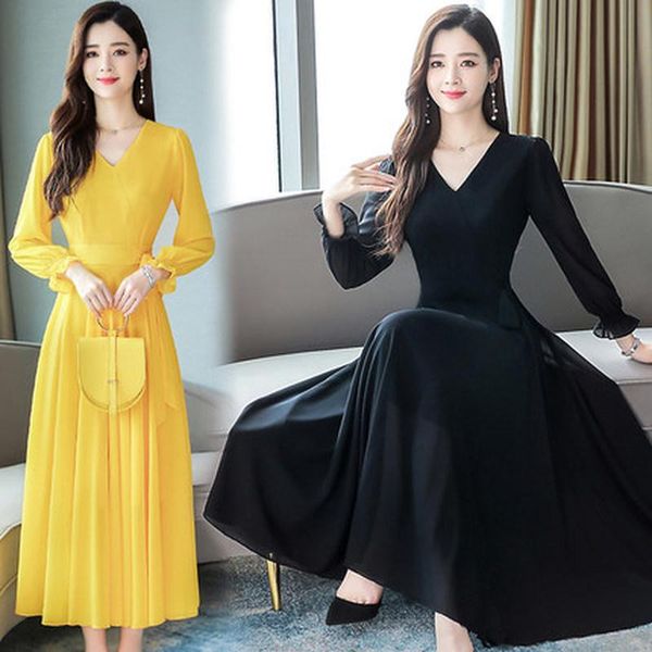 

casual dresses 2021 spring and autumn ladies fashion large size slim temperament chiffon dress, Black;gray