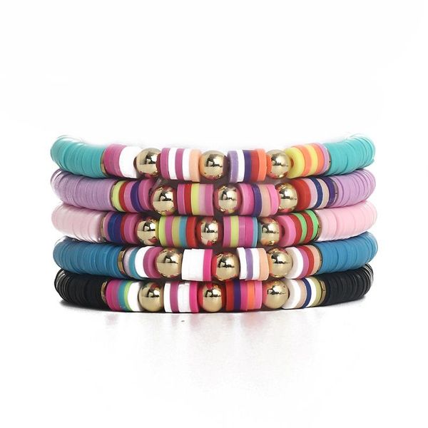 

beaded, strands 5pcs/set 6mm boho colorful polymer clay bracelet fashion summer beach jewelry adjustable elastic soft pottery female, Black