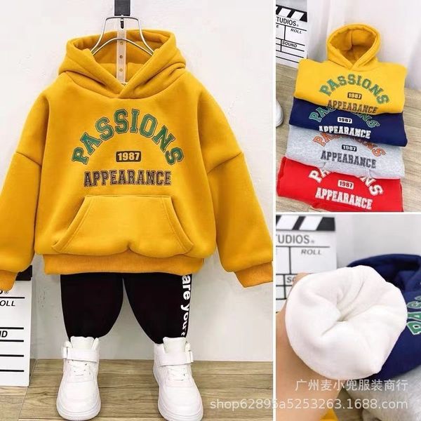 

children's hooded sweater set 202 winter fashion cartoon printed sweater two-piece set, Black