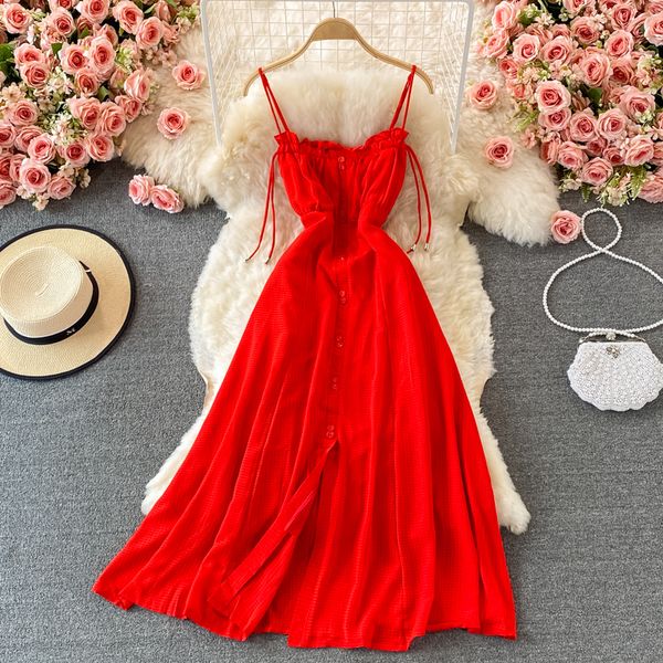

red spaghetti strap beach dress for women elegant ruffle slash neck open back high waist party vestidos female camisole new, Black;gray