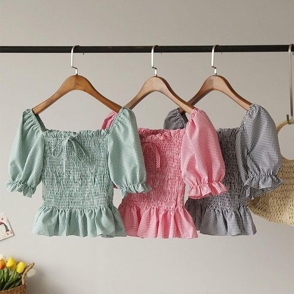 

2021 sweet girls summer shirt fashion women short square collar puff sleeve off shoulder bandage stretch plaid hot, White