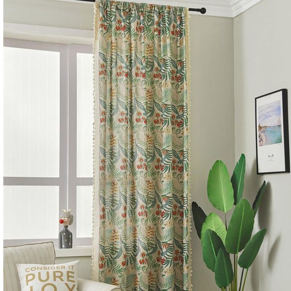 

curtain & drapes 1.5m width green plant printing cotton linen semi-blackout village style retro tassel