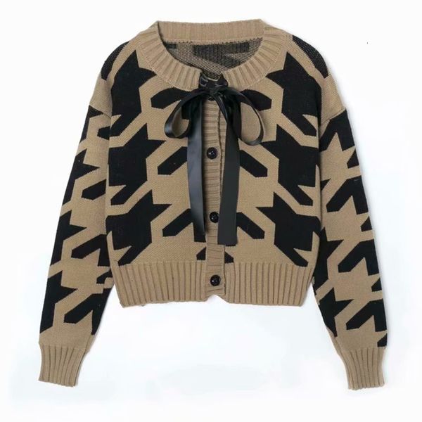 

2021 new autumn winter women bow knitted cardigan sweaters printed single breasted warm long sleeve vintage lady sweater g3ha, White;black