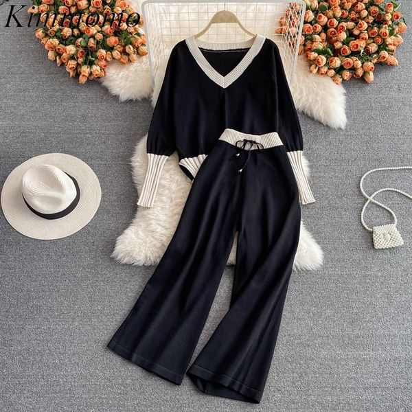 

women's two piece pants kimutomo vintage fashion suit women v-neck color matching long sleeve knit pullover high waist drawstring casua, White