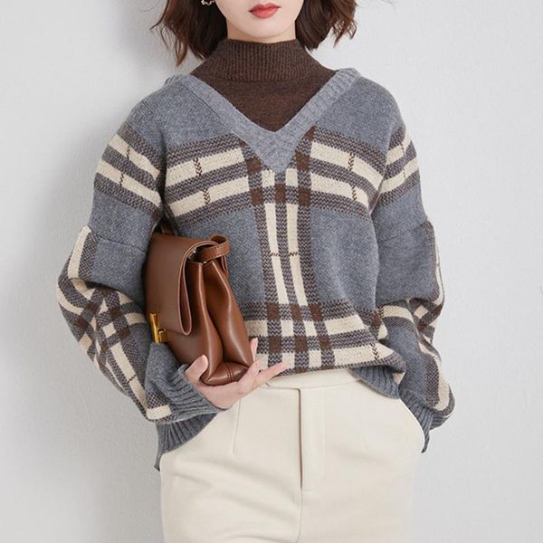 

women's sweaters women sweater pullover autumn winter turtleneck loose lazy style korean knit plaid clothing ladies coat 2021, White;black