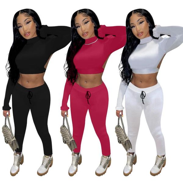 

women's two piece pants solid puff mouwen crop + trekkoord broek slanke tweedelige set herfst winter kleding voor vrouwen club part, White
