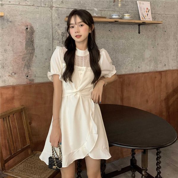 

dign ~antique short sleeve lace stitching skirt short drs summer, Black