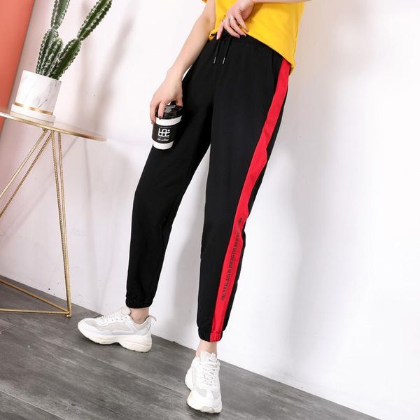 

women cotton baggy sweatpants pocket running jogger workout trouser elastic waist drawstring side stripe loose sport harem pants, Black;white