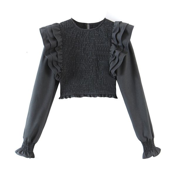 

2021 new sweet fashion ruffles smocked elastic crop blouses women vintage flare sleeve female shirts o-neck chic 7x07, Black