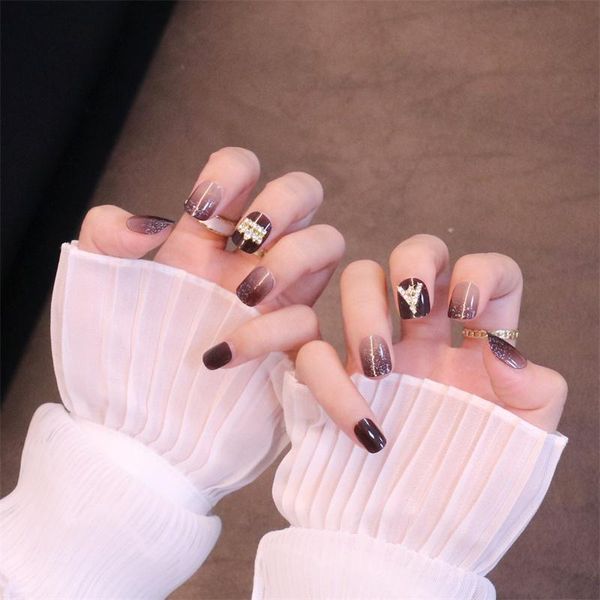 

false nails 24pcs set 3d rhinestone crown diamond glitter brown ombre jelly gel stick on fake with designs sxy-30, Red;gold