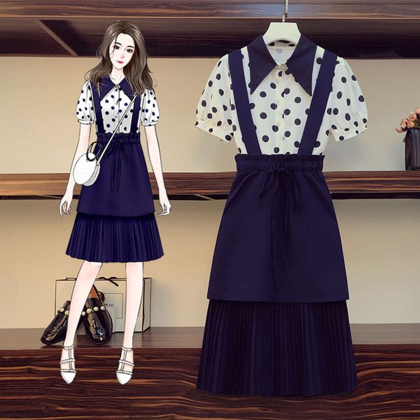 

big size slightly fat sister 2020 summer new style foreign style age reducing and thin chiffon shirt strap dress two piece suit for women, Black;gray