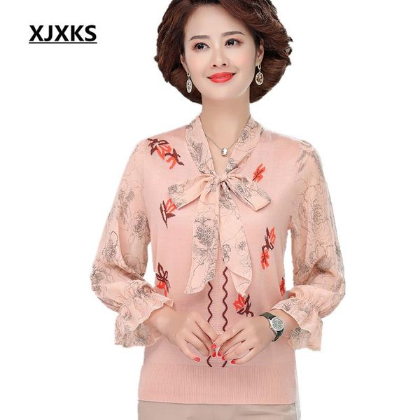 

xjxks 2021 spring autumn new fashion wool knitted stitching chiffon sleeve women thin sweater loose plus size women top, White;black