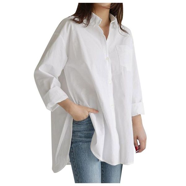 

women's blouses & shirts simple office lady blouse women plus size plaid pocket loose casual button long sleeve shirt elegant, White