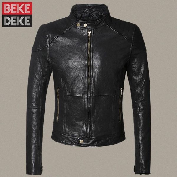 

men's leather & faux luxury mens short sheepskin jacket fashion solid genuine biker male casual pocket zipper outerwear, Black