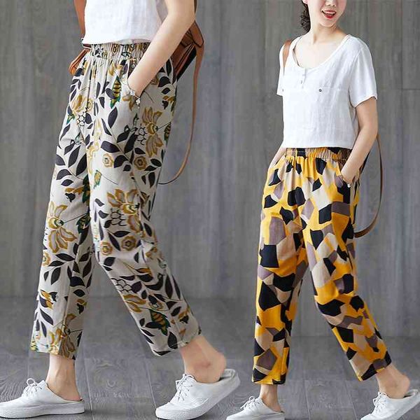 

women's pants & capris casual cotton linen women elastic waist vintage printed loose ankle length trousers spring summer harem 365, Black;white
