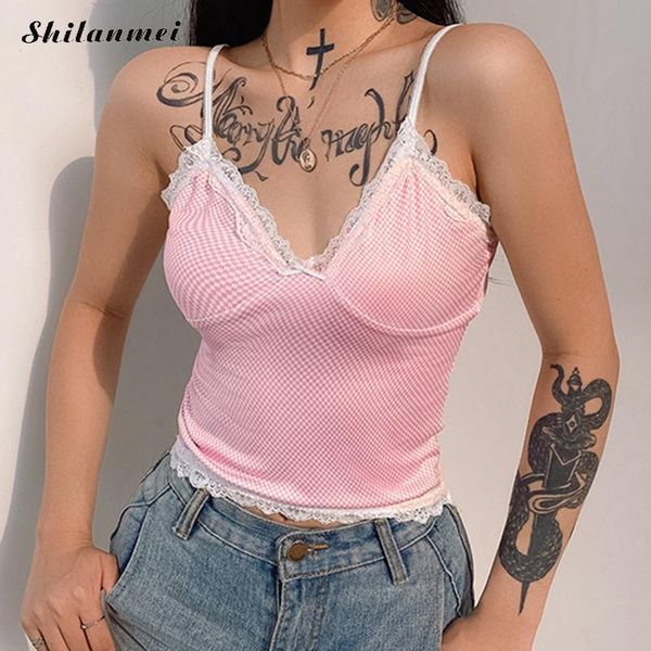 

women's tanks & camis 90s crop 2021 trendy backless lace cami sweet y2k pink plaid spaghetti strap women e-girl style ladies vintag, White