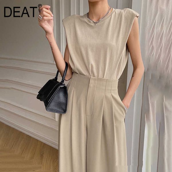 

[deat] summer fashion tank round neck solid color sleeveless loose temperament simple women t-shirt 13q202 210527, White