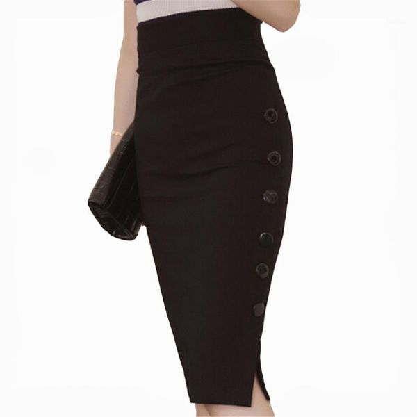 

bodycon workwear pencil skirt button design side split solid slim 4xl 5xl women elegant office lady red black skirts