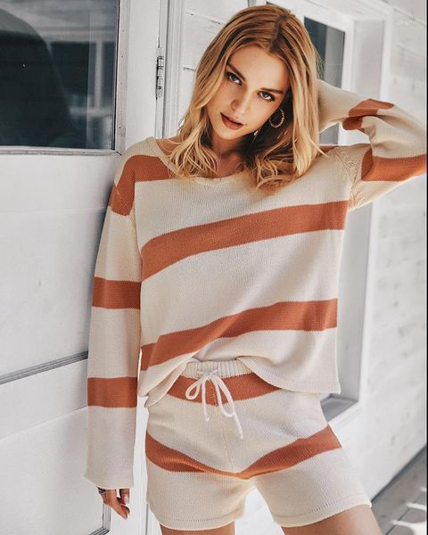 

autumn winter arrivals long sleeve o-neck knitted stripe drawstring elastic shorts casual two piece set women outfits dress, White