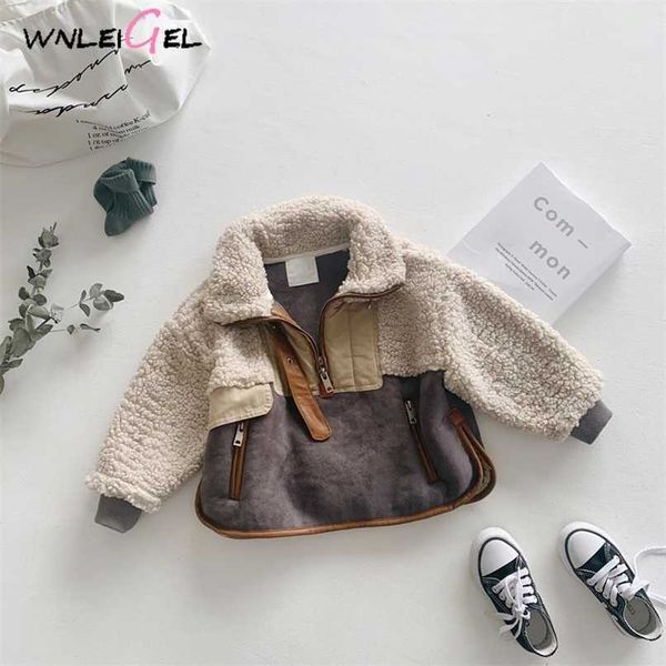 WLG Kids Winter Casacos Bebê PU Patchwork Desligado Collar Manga Comprida Outerwear Meninos Meninas Quente Roupas Espessas 1-6 Anos 211023