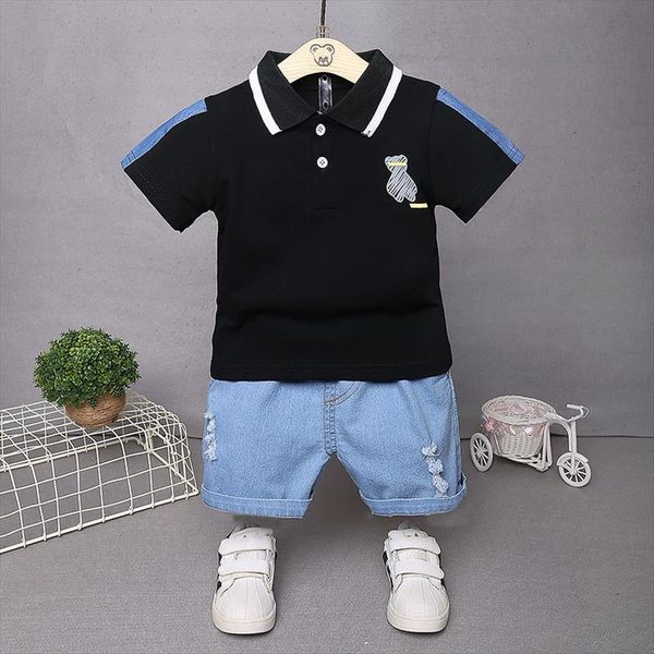 

summer toddler boys fashion clothing sets baby girls bear print polo shirt denim shorts 2pcs suits kids casual clothes, White