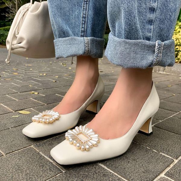 

dress shoes size 34-43 bead design square toe brand high heel soft genuine leather comfortable spring fashion women heels, Black