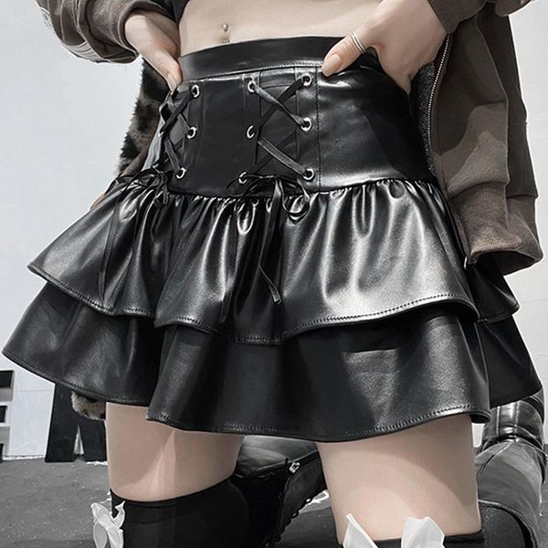 

skirts gothic pu leather pleated skirt y2k goth black lace up mini high waisted double ruffles punk cosplay jupe women bottom