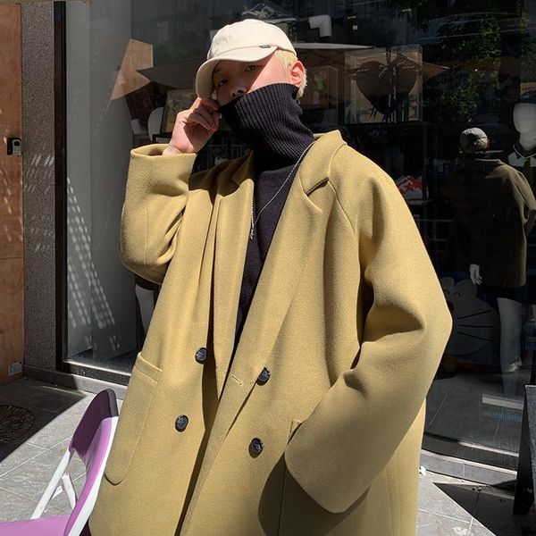 

men's wool & blends korean lapel woolen jacket loose short coat 2021 autumn winter thickening fashion casual clothes for male, Black