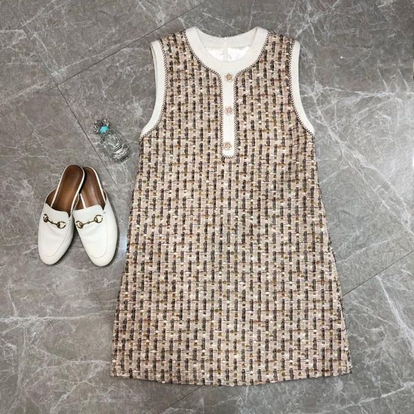 

2021 new ladies fashion sleeveless round neck tweed dress 1124, Black;gray