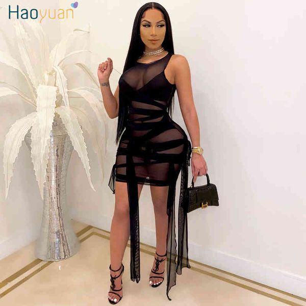 Haoyuan Plus Size Malha Sheer Bodycon Bandage Dress Mulheres 2021 Aniversário Outfits Y2K Roupas de Verão Sexy Night Party Club Vestidos X0521