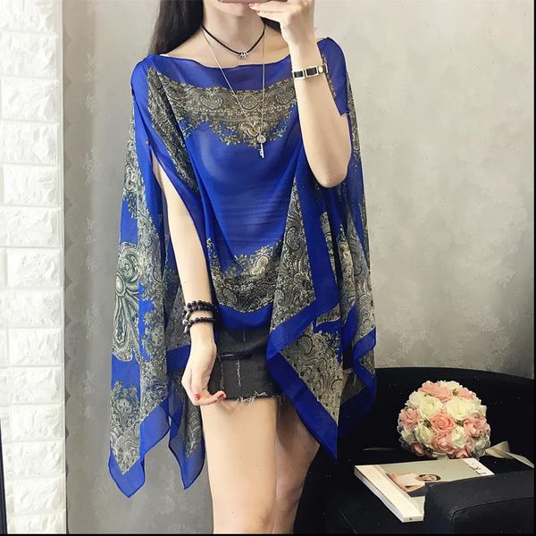

irregular hollow out sleeve chiffon blouse summer casual women chiffon shirt loose style printing sun proof female, White