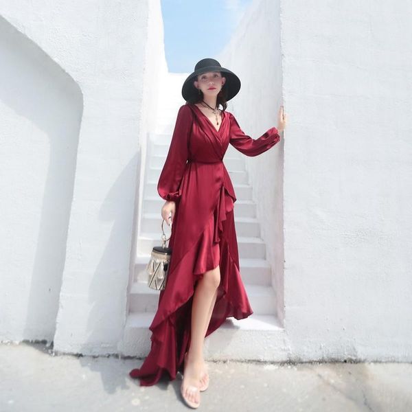 

casual dresses bohemian women's summer fashion high low long sleeve v neck irregular holiday dress evening party maxi vestidos, Black;gray