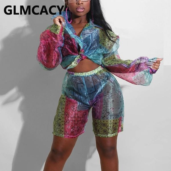 

women retro printed mesh suits twist shirt & loose shorts set 210702, White