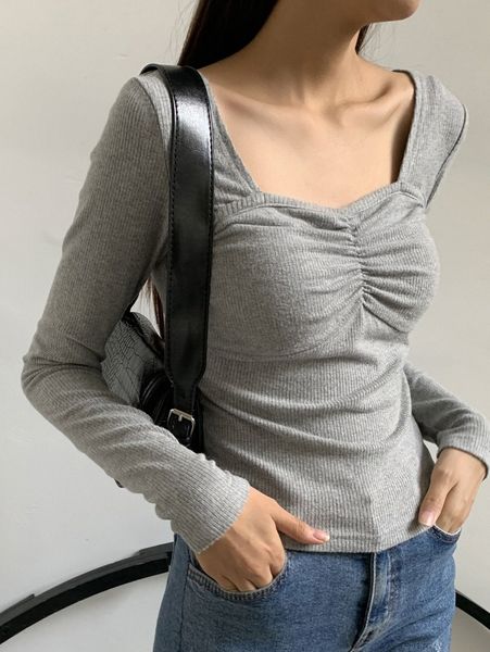 

dazy sweetheart neck ruched ribbed knit tee r4gx#, White