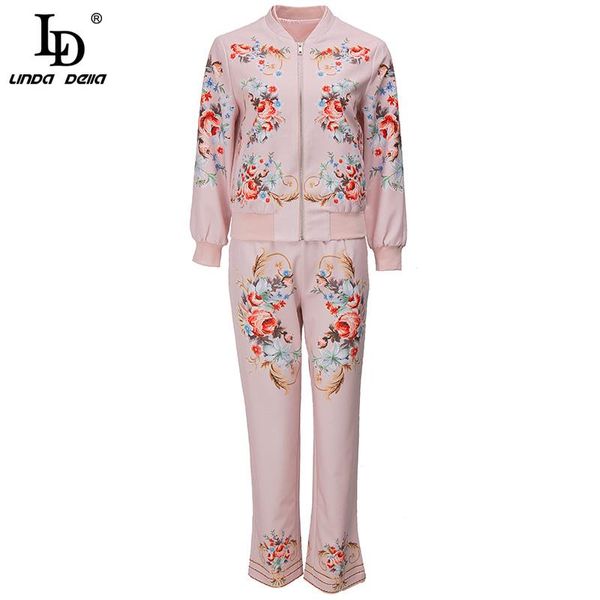 

women's two piece pants ld linda della designer autumn winter print office vintage sets fashion long sleeve coat and suits, White
