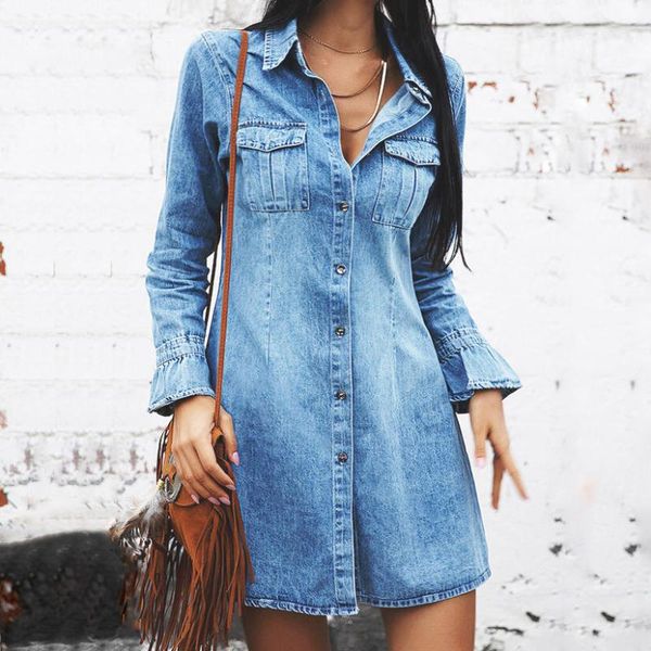 

casual dresses denim shirt dress long sleeve 2021 fashion midi women blue clothing female clothes robe femme vestido de mujer xl, Black;gray