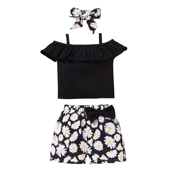 

clothing sets summer 3pcs set girls clothes fresh boat neck suspender and daisy short pants with headband 18months-5years, White