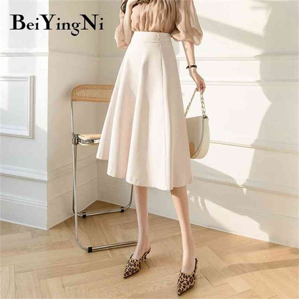 

beiyingni a-line skirts woman high waist casual streetwear work wear office ladies skirt midi retro korean style faldas femme ol 210702, Black