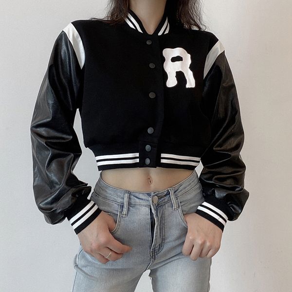

casual pu leather patchwork stripe baseball jacket single breasted letter autumn winter jackets for women coat short, Black;brown