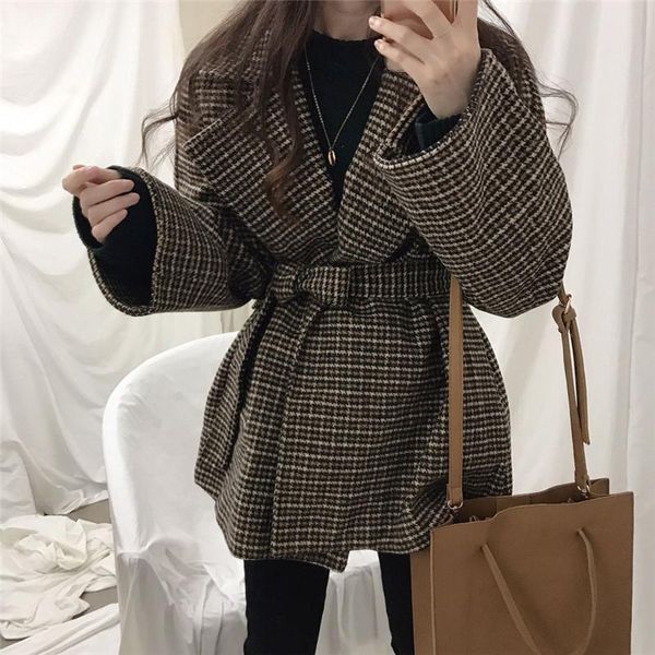 

women's wool & blends women plaid thicken woolen jacket all-match sashes chic trendy leisure fashion winter warm coat ulzzang 8031118, Black