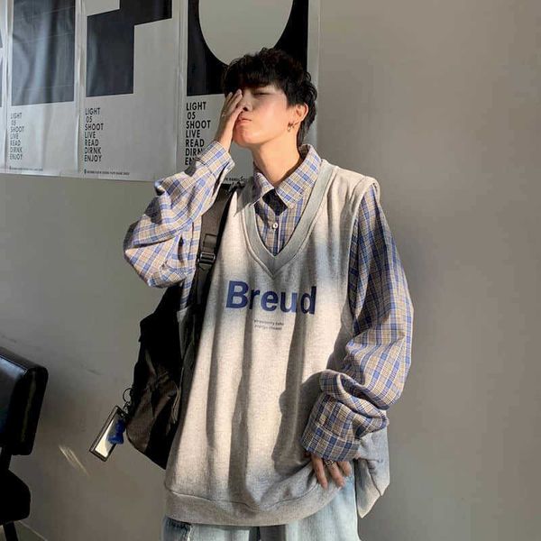 Falso de duas peças camiseta homens Hong Kong estilo primavera outono solto xadrez jaqueta korean hip hop estudante roupa legal streetwear 210721