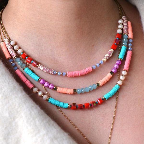 

chokers 2021 5mm fashion three layer wire rope soft clay necklace women's bohemian color flat bead handmade jewelry gift for women, Golden;silver