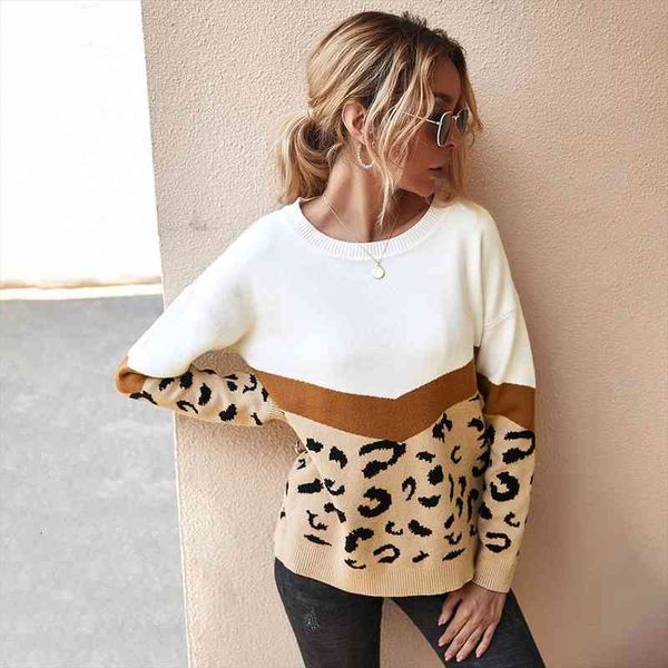 

ladies leopard patchwork autumn winter sweater women full sleeve knitted jumper pullovers sweaters female pull knitwear, White;black
