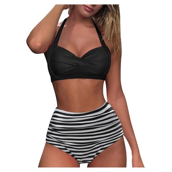 

women's swimwear striped bikini 2021 high waist female tow pieces swimsuit women print 2 piece suit push up bathing swim biquini #t3g, White;black