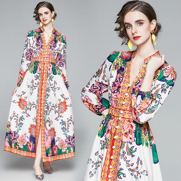 

2021 new women es autumn runway v-neck sleeve single breasted slim vintage print long maxi robe longue femme twi2, Black;gray
